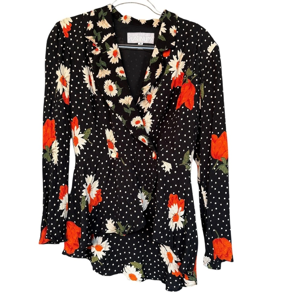 Vintage Dorothy Schoelen Blouse Womens Medium Black Floral Polka Dot Peplum 90s
